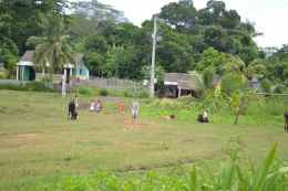 This is the view from the back of our homestay house. The kids are walking back from buying a few bananas (katakata). The field they are walking through serves as a floodplain/grazing area/soccer field.
